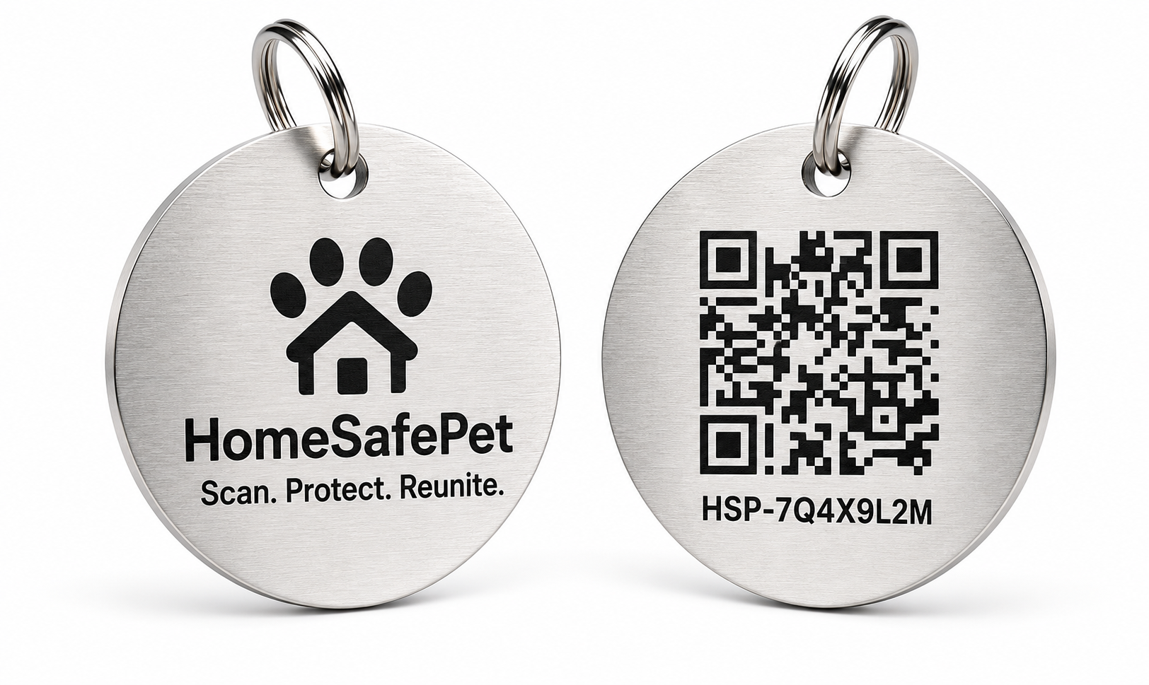 Front and back of the stainless-steel HomeSafePet QR tag: logo on the front, QR code and Profile ID on the back