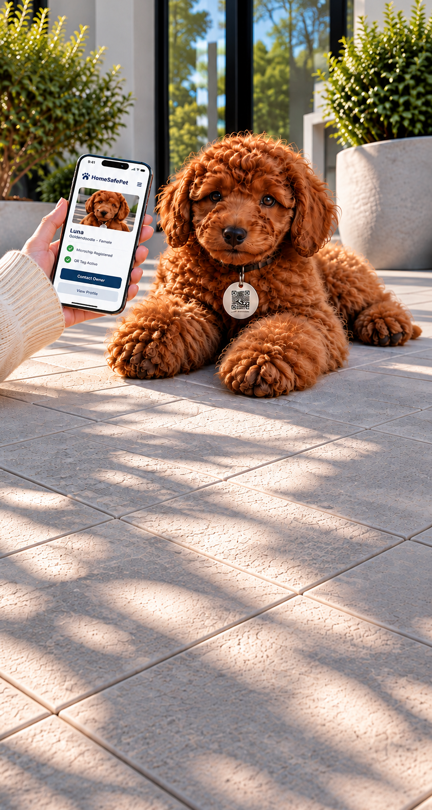 Golden retriever wearing a HomeSafePet QR tag on a tree-lined path