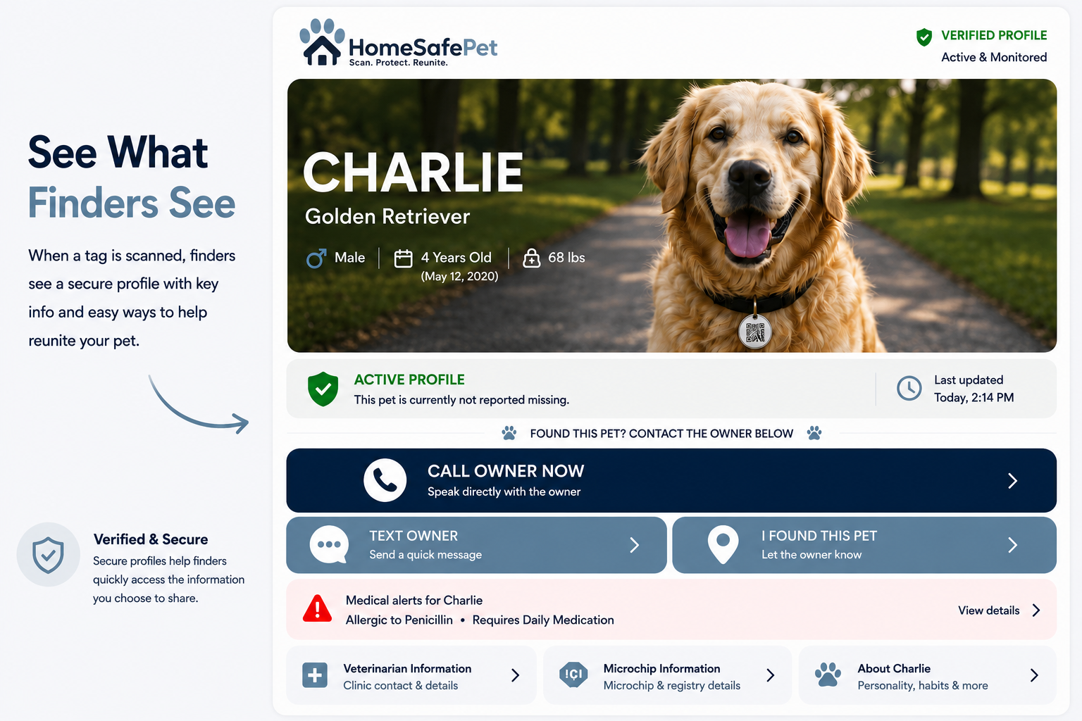 Example HomeSafePet profile a finder sees after scanning a pet's QR tag