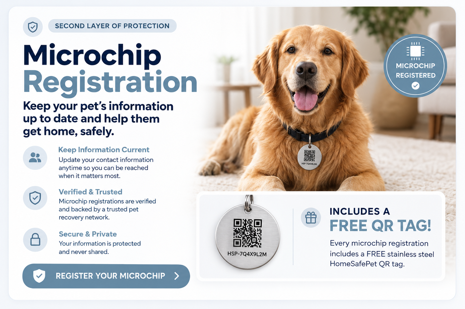 Registered microchip pet with a free HomeSafePet stainless steel QR tag