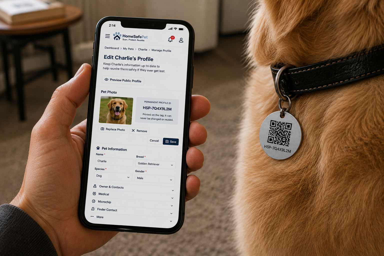 Golden retriever wearing a HomeSafePet QR tag on a tree-lined path