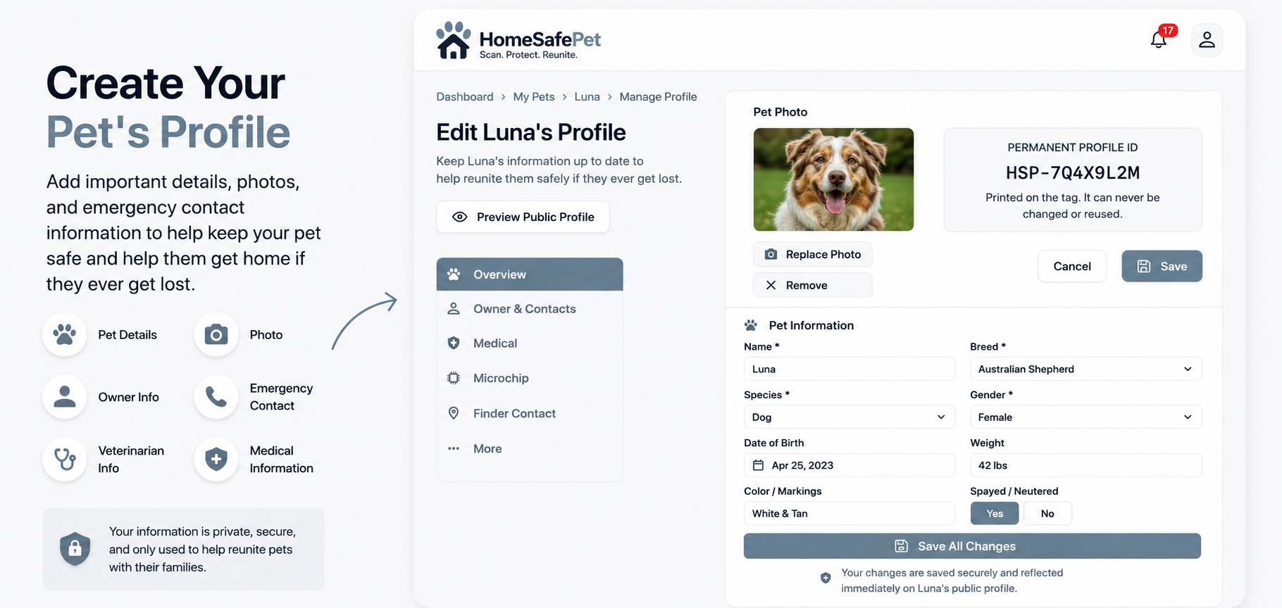 Pet owner editing a HomeSafePet pet profile on a smartphone while their dog sits nearby