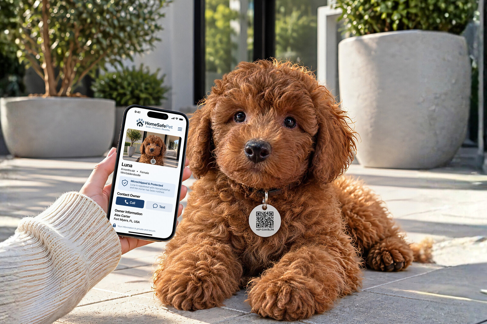 Golden retriever wearing a HomeSafePet QR tag on a tree-lined path