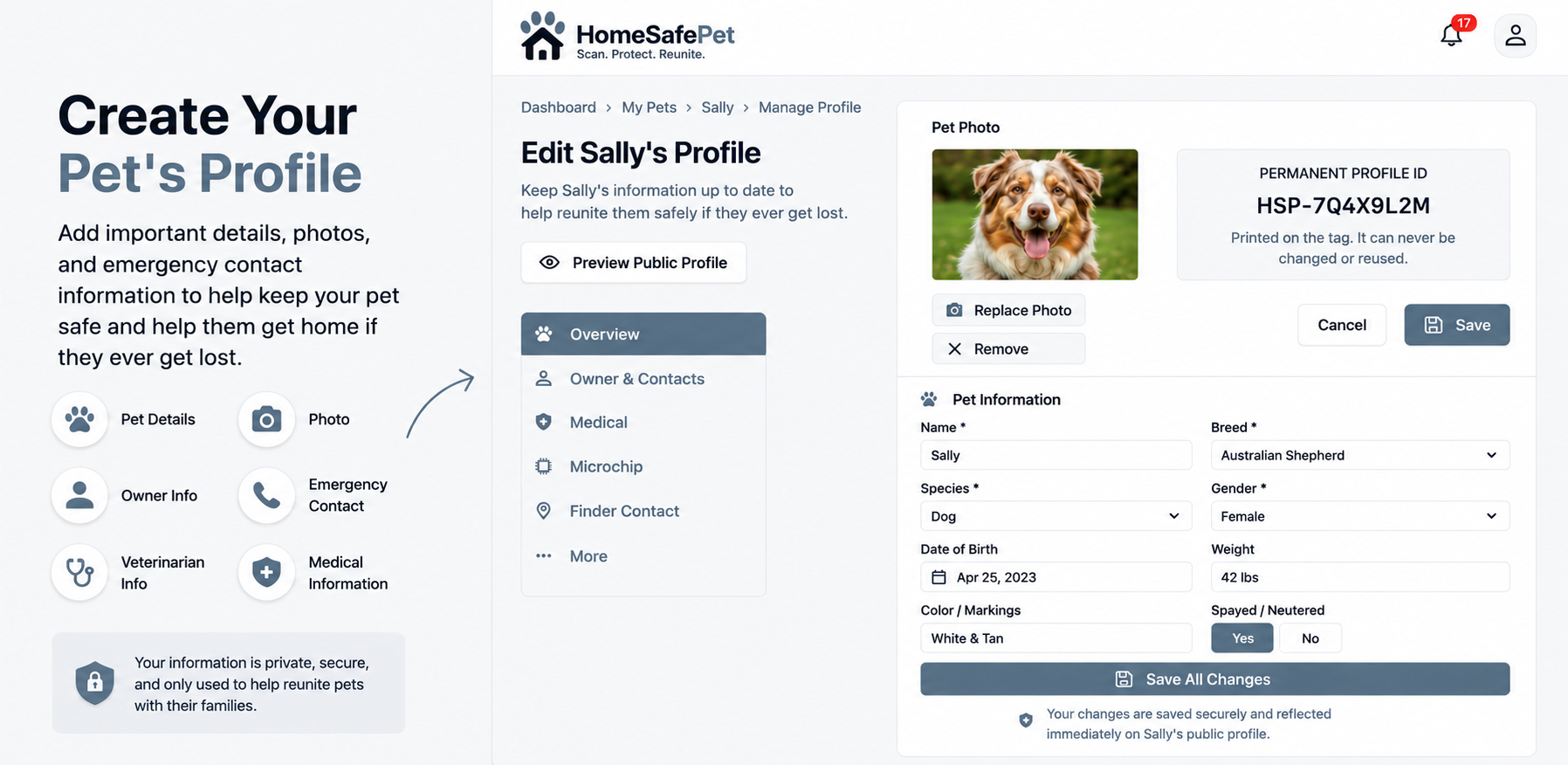 Pet owner editing a HomeSafePet pet profile on a smartphone while their dog sits nearby