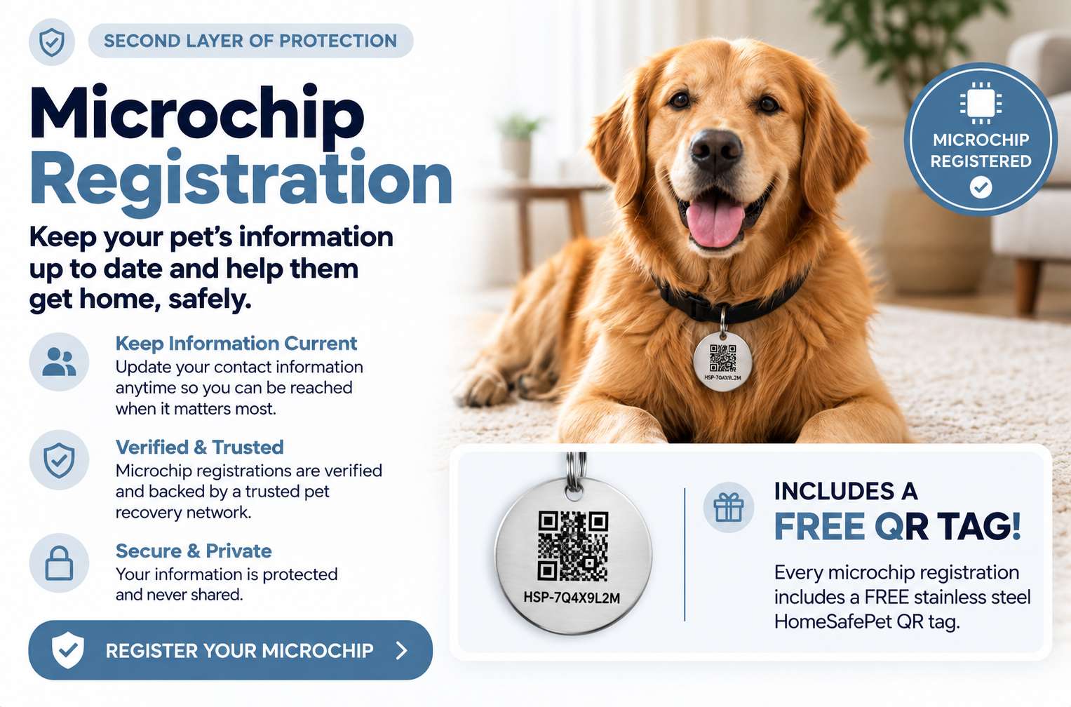 Registered microchip pet with a free HomeSafePet stainless steel QR tag